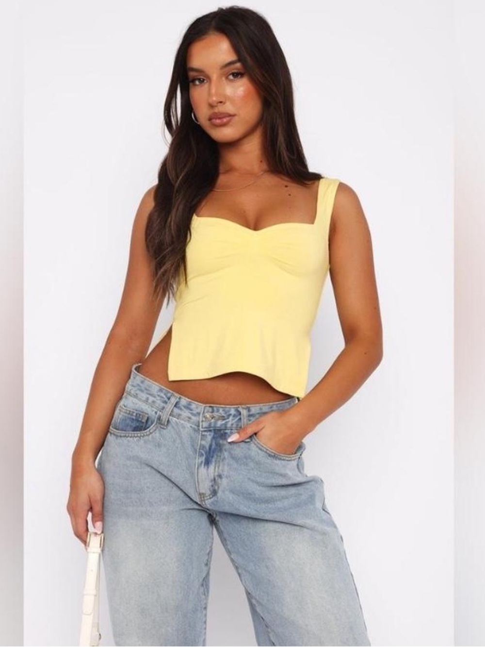 Butter yellow ruched tank top with slits on the sides size large
